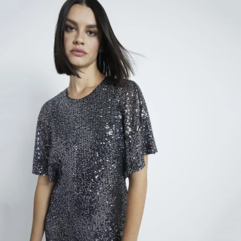 Silver Fluted Sleeve Sequin Mini Dress sold by River Island