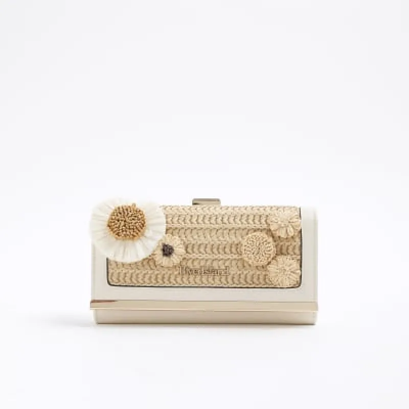 Beige Raffia 3D Floral Clip Top Purse sold by River Island