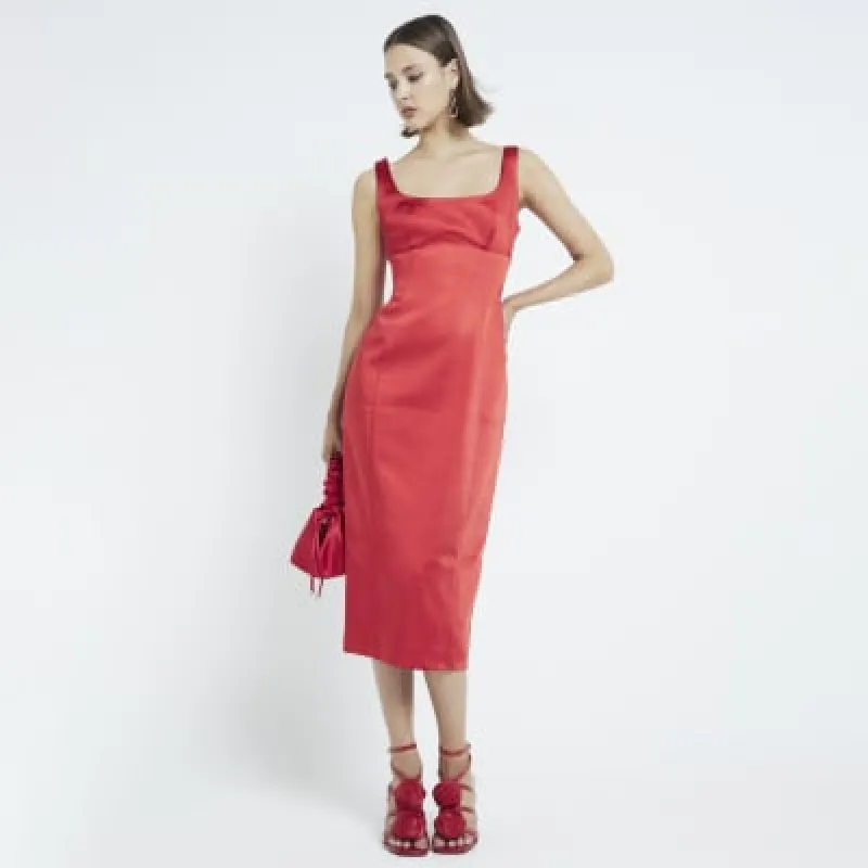 Red Satin Tailored Midi Dress sold by River Island