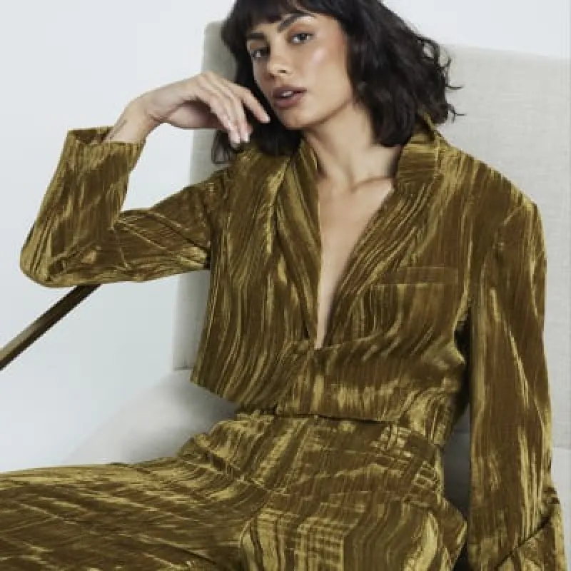 Green Cropped Velvet Blazer sold by River Island