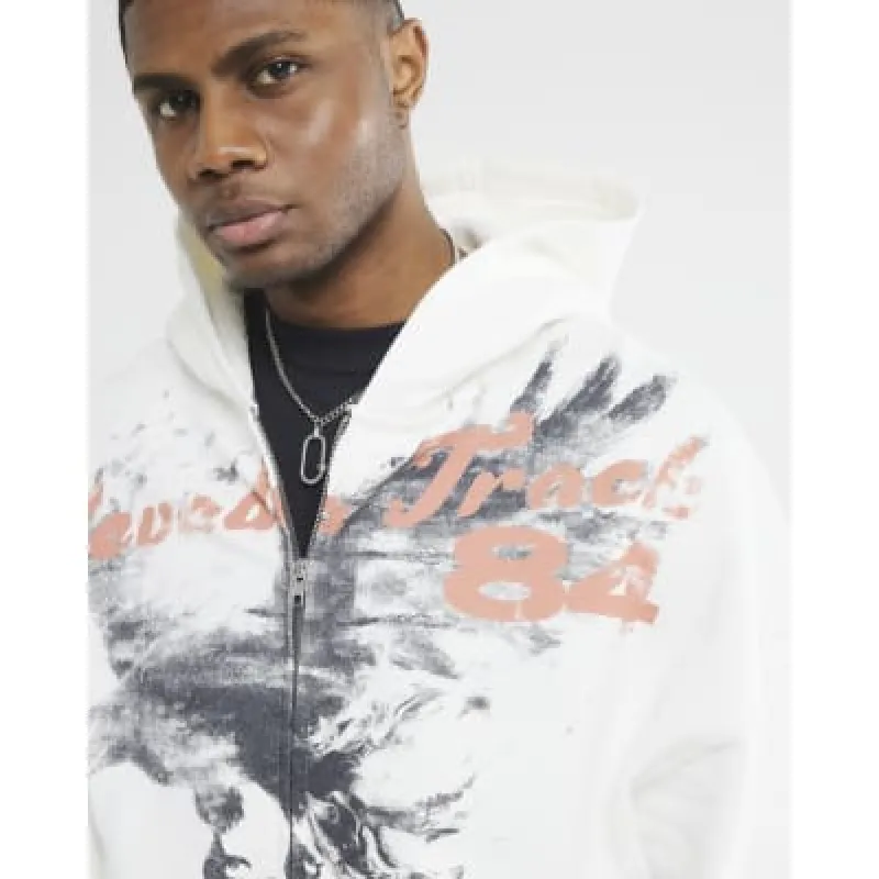 White Oversized Eagle Print Zip Hoody sold by River Island