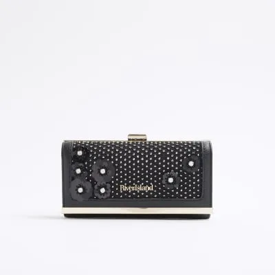 Black Faux Leather 3D Flower Clip Top Purse sold by River Island