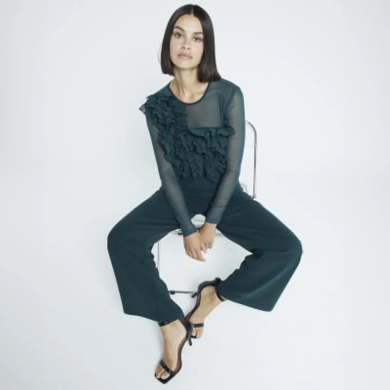 Green Mesh Frill Front Jumpsuit sold by River Island