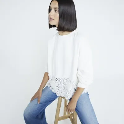 White Crochet Hem Sweatshirt sold by River Island