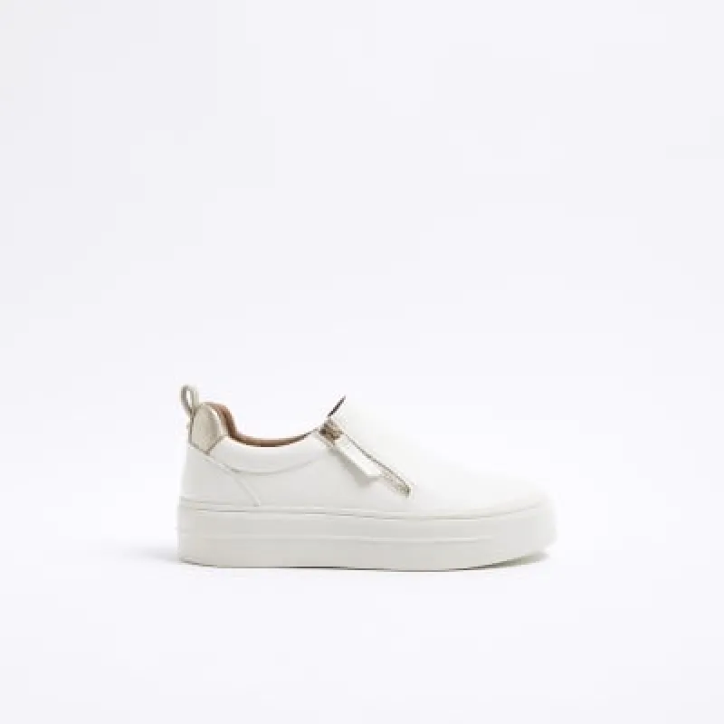 White Wide fit zip platform trainers sold by River Island