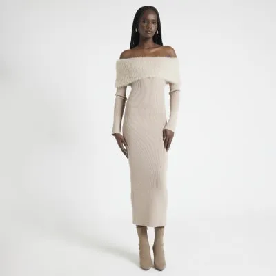 Beige Fluffy Bardot Midi Dress sold by River Island