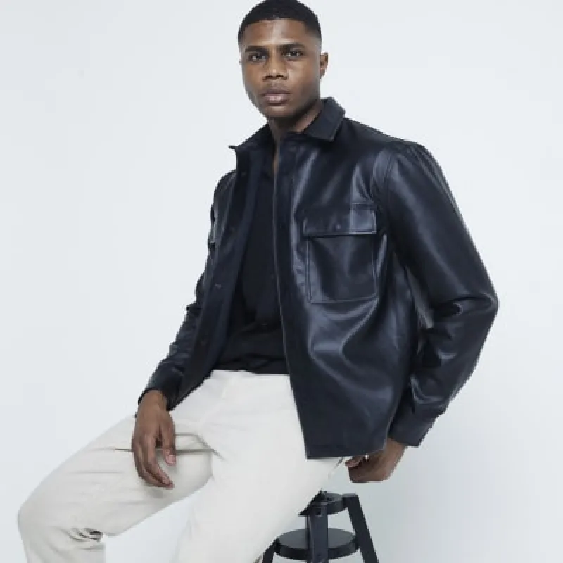 Black Regular Fit Pocket Faux Leather Shirt sold by River Island