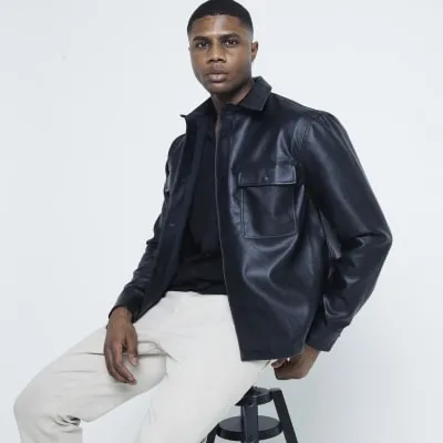 Black Regular Fit Pocket Faux Leather Shirt sold by River Island