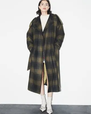 Green dark checked belted coat sold by River Island