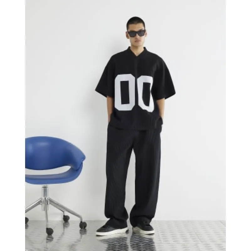 Black Short Sleeve Plisse Football T-Shirt sold by River Island