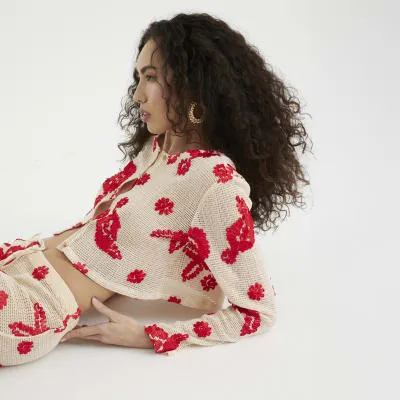 Cream Embroidered Beach Crop Top sold by River Island