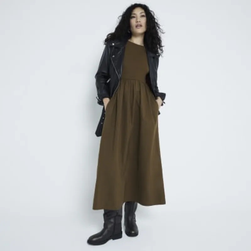 Khaki Poplin long sleeve midi Dress sold by River Island