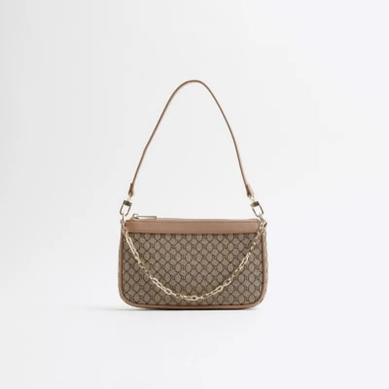 Brown Jacquard RI Monogram Shoulder Bag sold by River Island