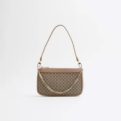 Brown Jacquard RI Monogram Shoulder Bag sold by River Island