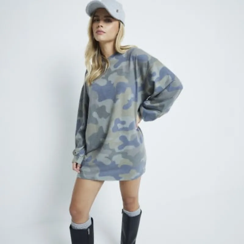 Petite Khaki Camouflage Mini Sweatshirt Dress sold by River Island