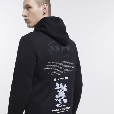 Black regular fit floral Japanese hoodie sold by River Island