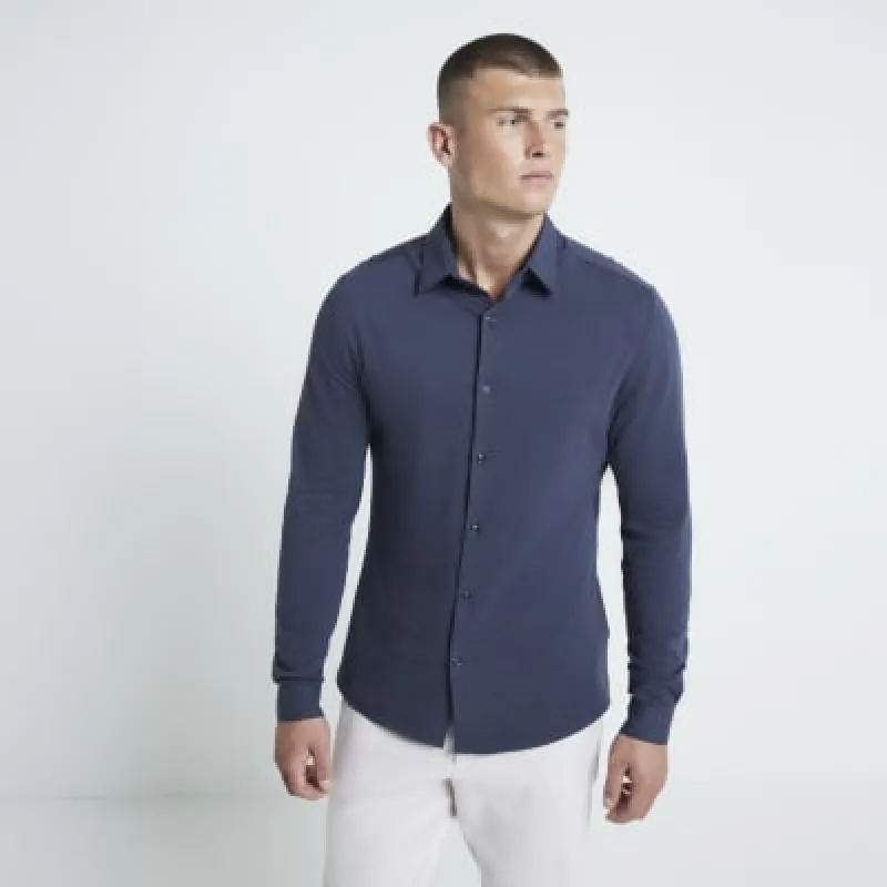 Grey Muscle Fit Long Sleeve Jersey Shirt sold by River Island