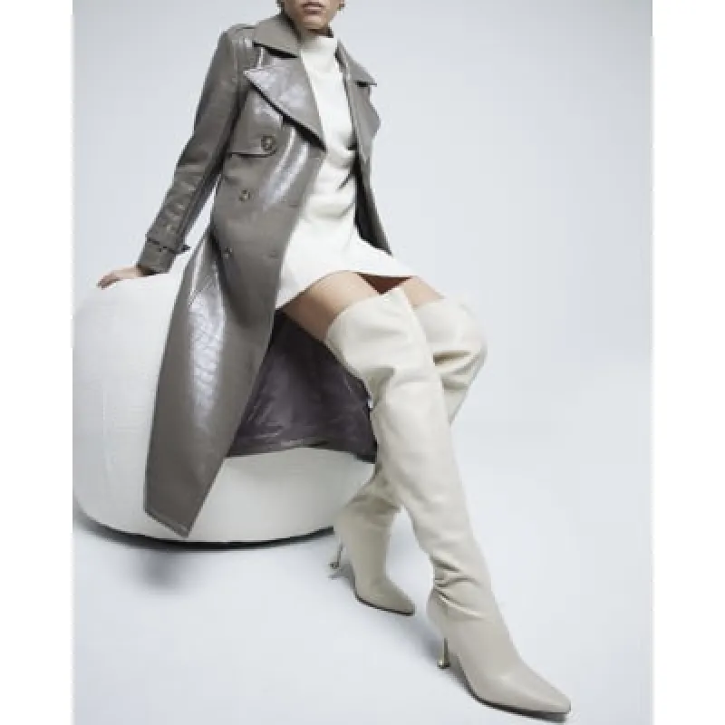 Cream Over The Knee Heeled Boots sold by River Island