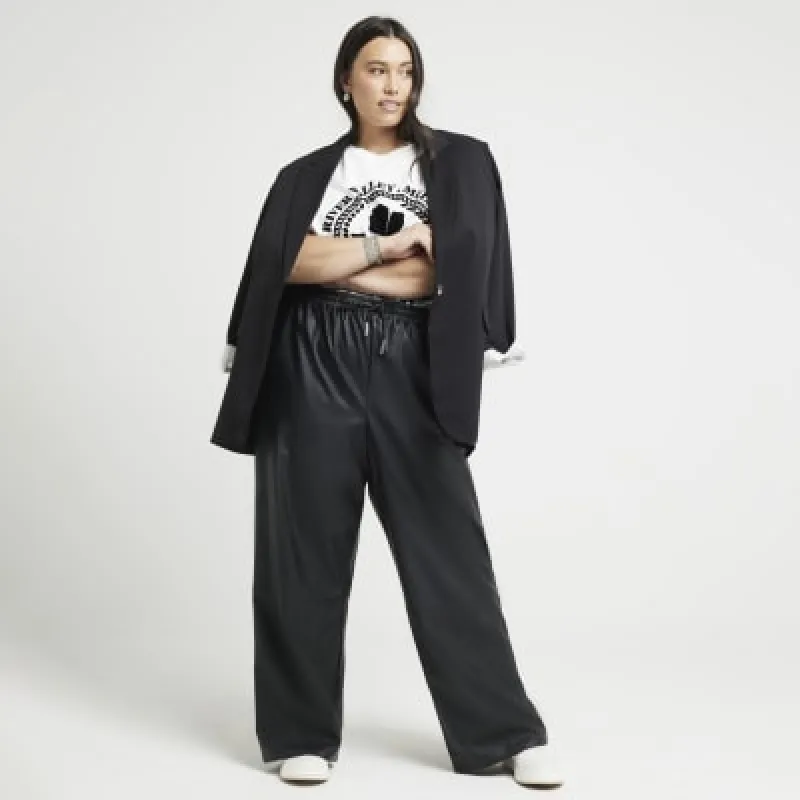 Plus black faux leather wide leg trousers sold by River Island