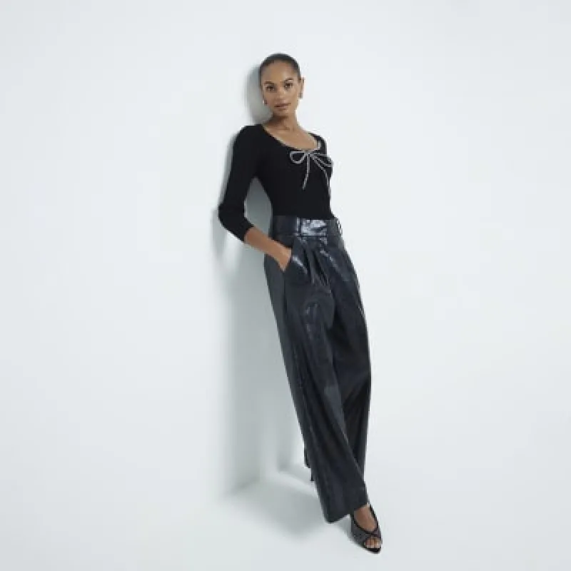 Black Embellished Bow Trim Knitted Top sold by River Island
