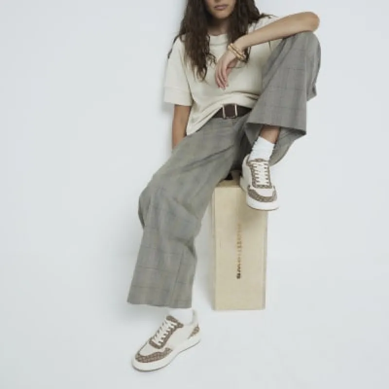 Beige Canvas Panel Lace Up Monogram Trainers sold by River Island