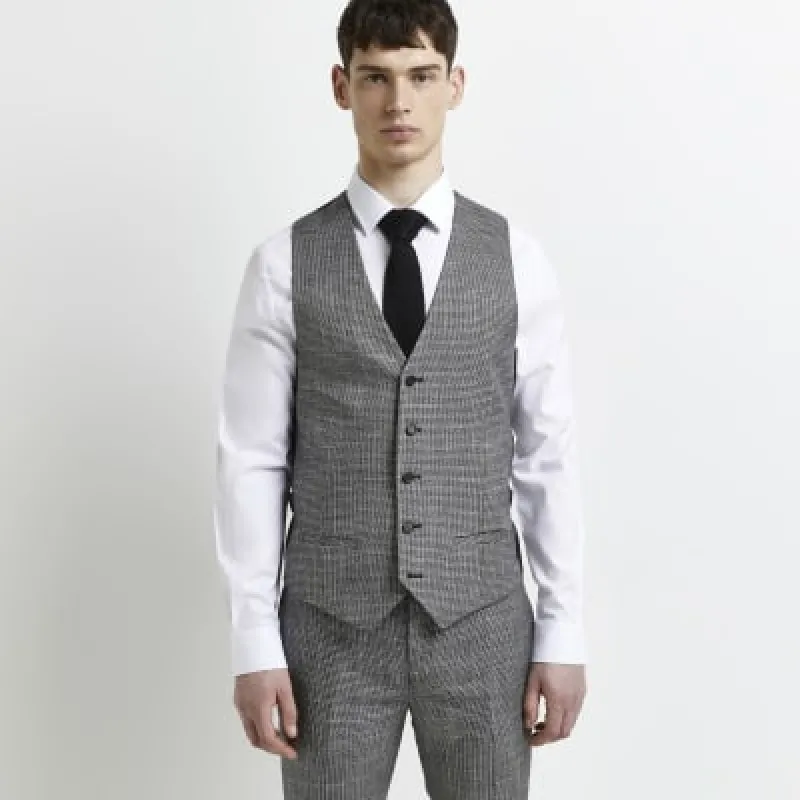 Grey Puppytooth Skinny Fit waistcoat sold by River Island