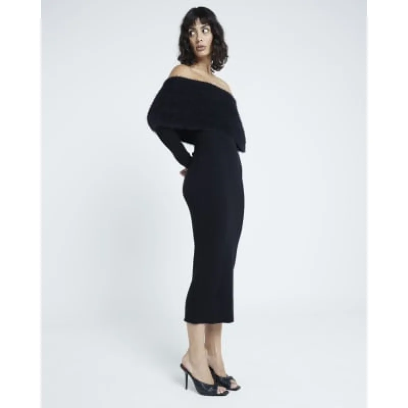 Black Fluffy Bardot Midi Dress sold by River Island