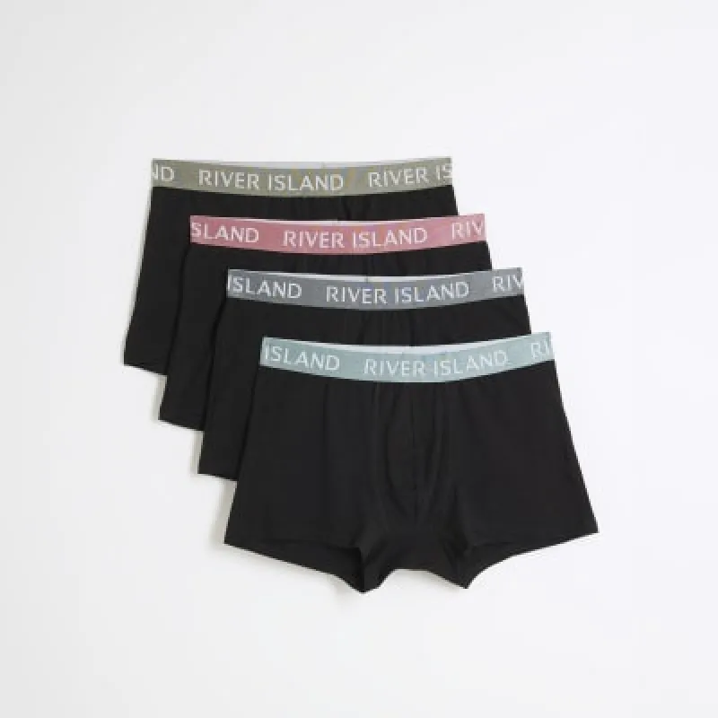 Black 4 Pack Cotton Stretch RI Trunks made by River Island