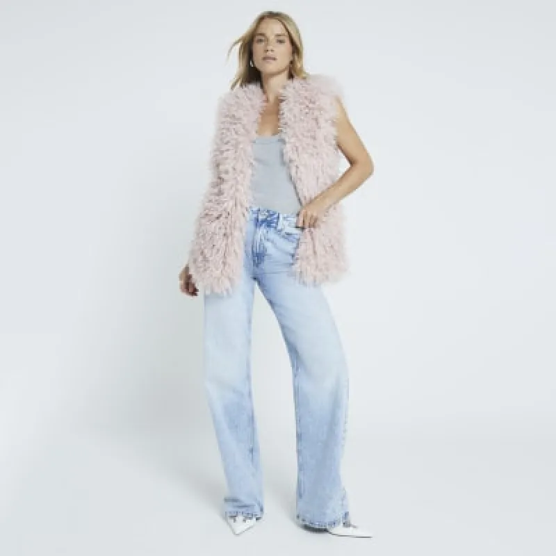 Pink Shaggy faux fur longline Gilet sold by River Island
