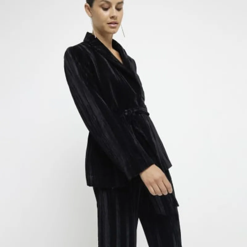 Black Belted Wrap Velvet Blazer sold by River Island