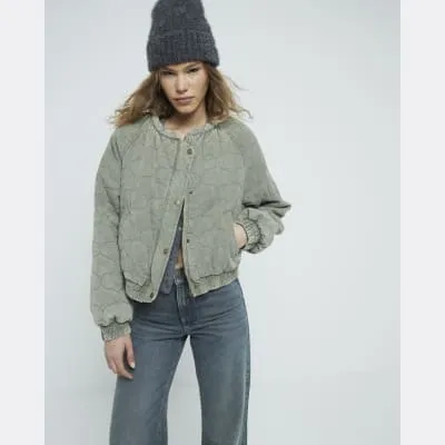 Khaki Long Sleeved Quilted Bomber Jacket sold by River Island