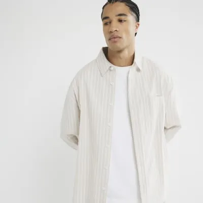Stone Long Sleeved Striped Oxford Shirt sold by River Island