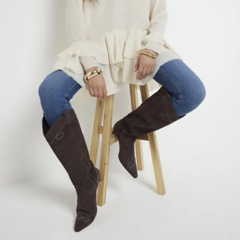 Brown Suede Knee High Western Boots sold by River Island