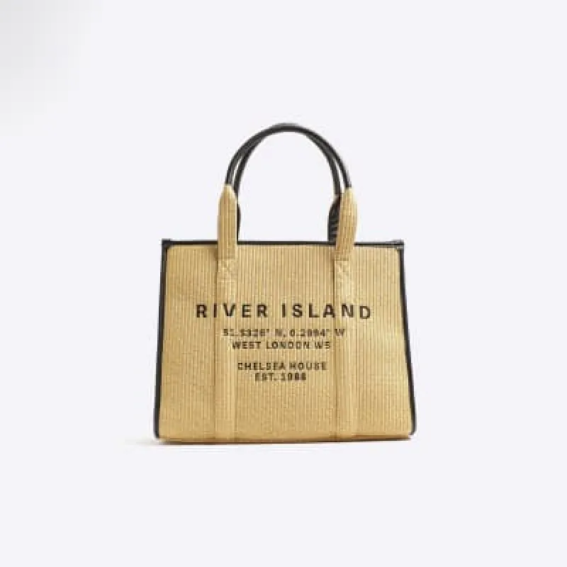 Beige Raffia Embellished Logo Shopper Bag sold by River Island