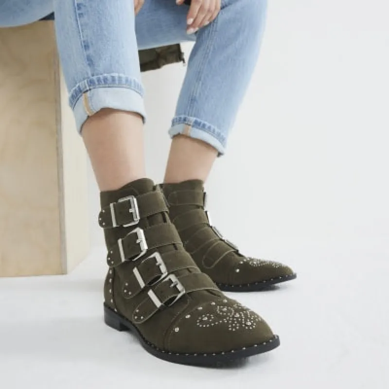 Khaki Suede Stud Buckle Boots sold by River Island