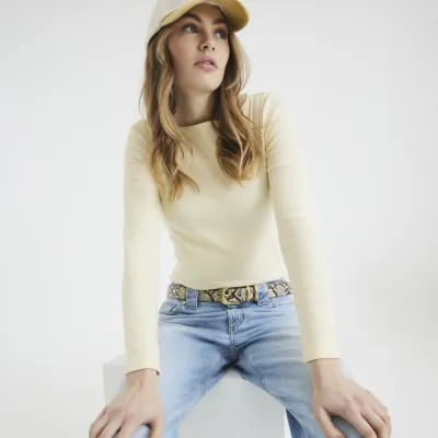 Yellow Long Sleeve Fitted Boat Neck Top sold by River Island