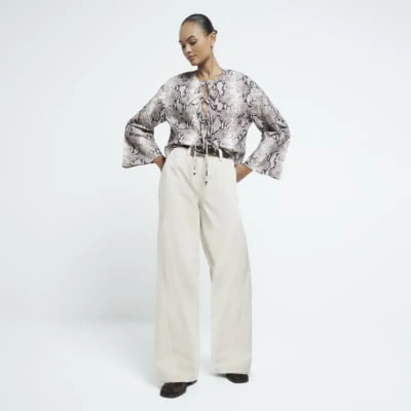 Grey Poplin Snake Print Tie Front Top sold by River Island