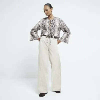 Grey Poplin Snake Print Tie Front Top sold by River Island