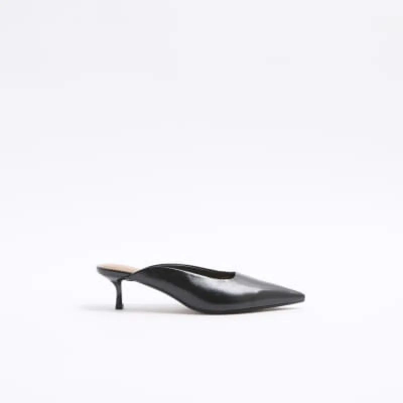 Black kitten heeled mule shoes sold by River Island