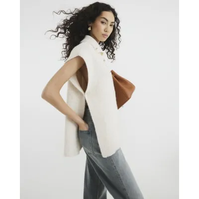 Cream Wool Sleeveless Button Neck Poncho sold by River Island