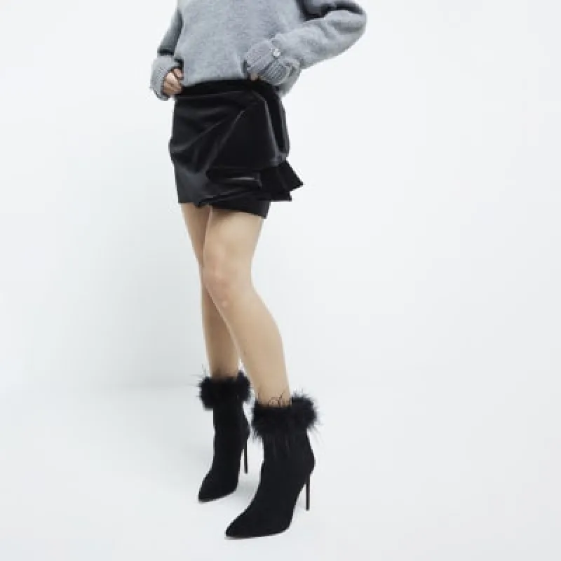 Black Suede Faux Feather Cuff Heeled Boots sold by River Island