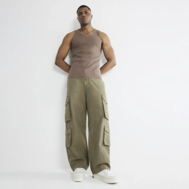 Brown Muscle Fit Ribbed Washed Vest sold by River Island