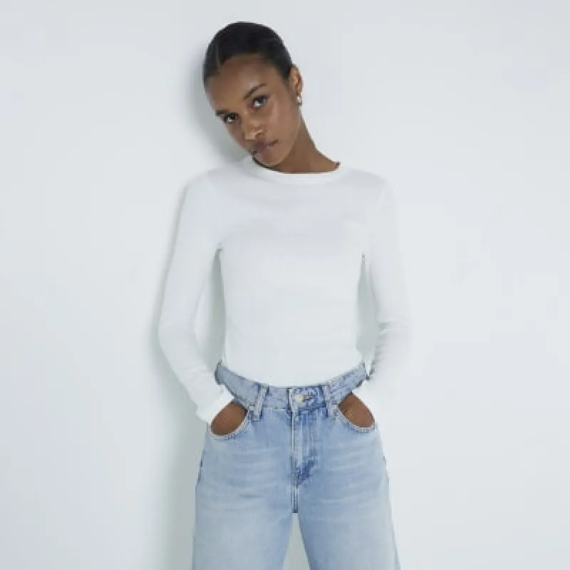 Cream Ribbed Long Sleeve Fitted T-Shirt sold by River Island
