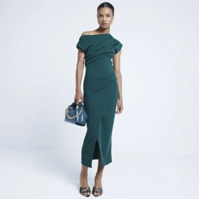 Green Asymmetric Drape Wrap Midi Dress sold by River Island