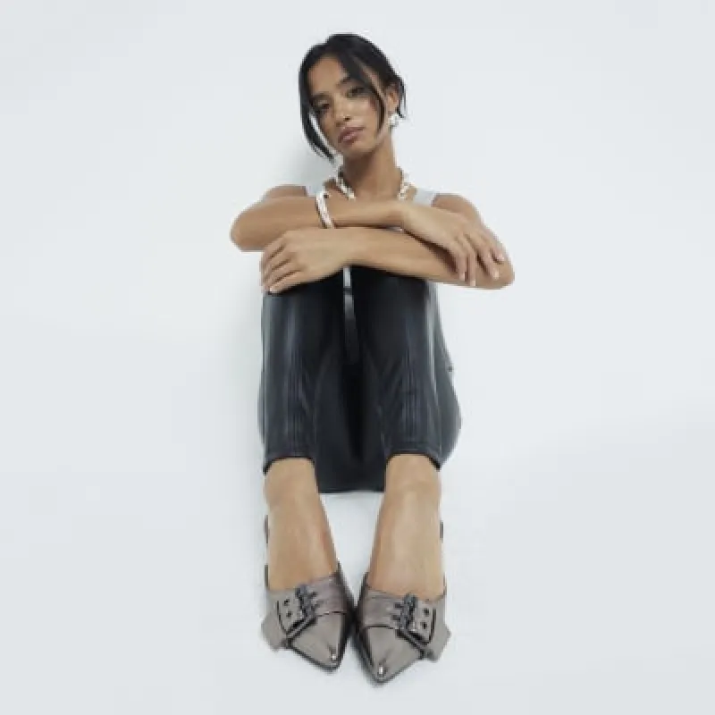 Silver buckle kitten heeled mule shoes sold by River Island