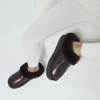 Bronze Faux Fur Platform Cuffed Slippers sold by River Island