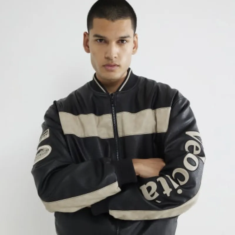 Black Faux Leather Bomber Jacket sold by River Island