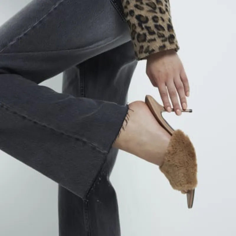 Beige Faux Fur Heeled Mules sold by River Island
