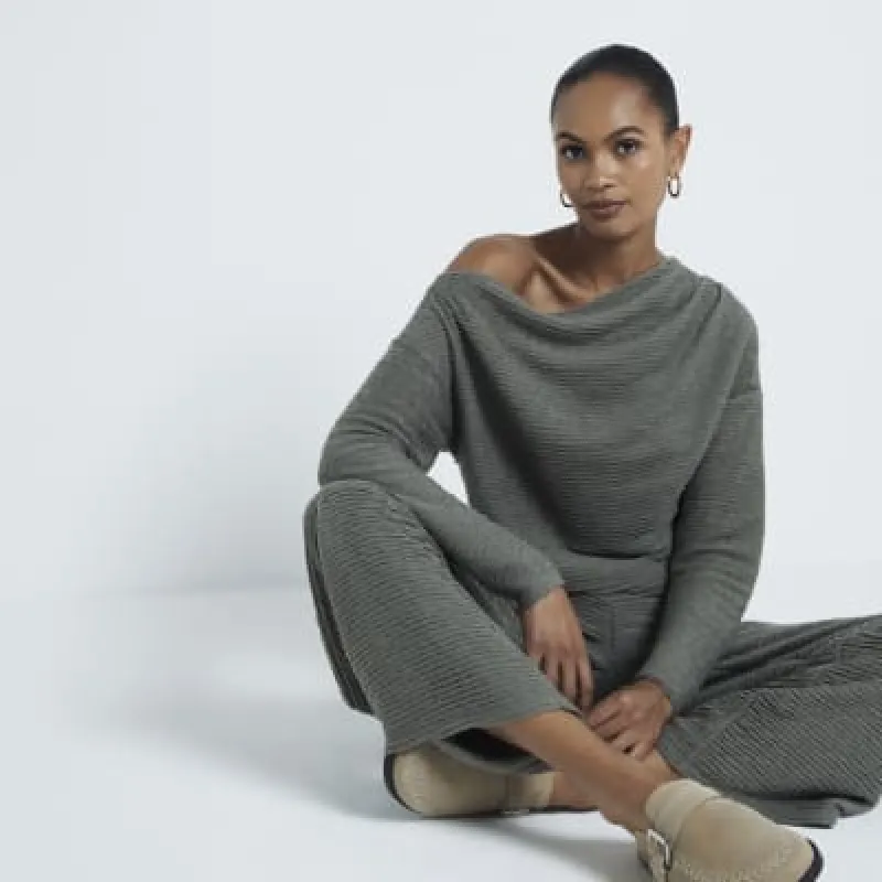 Khaki Textured Off Shoulder Drape Top sold by River Island