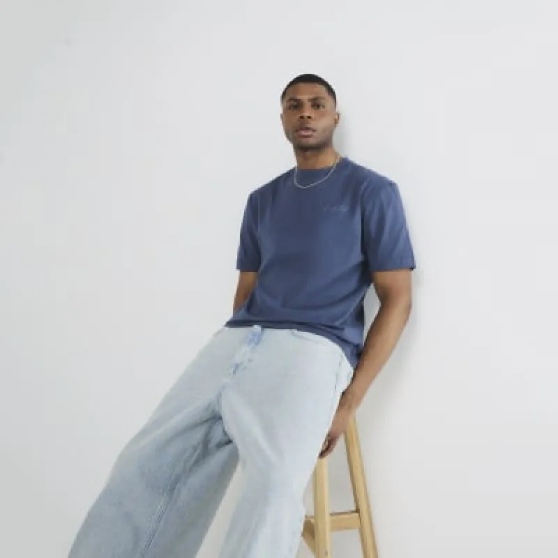 Blue Regular Fit Embroidery T-Shirt sold by River Island